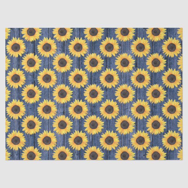 De Seda Rústico Floral Girassóis Azul Papel Tecido (Frente )