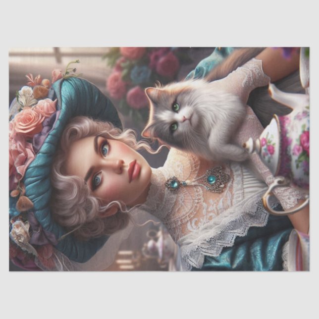 De Seda Senhora Vitoriana com Chapéu Azul e Papel Tecido G (Frente )