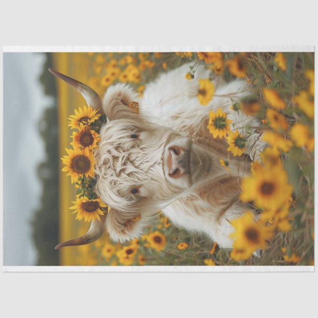 De Seda Sunflower Highland Cow Decoupage Papel Tecido (Frente )