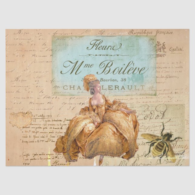 De Seda Vintage French Lady Bee Manuscrito Papel Tecido (Frente )