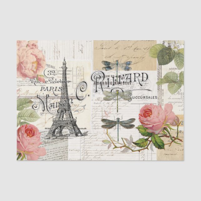 De Seda Vintage Paris Rosa Rosas Rosa Ephemera Papel Tecid (Frente )