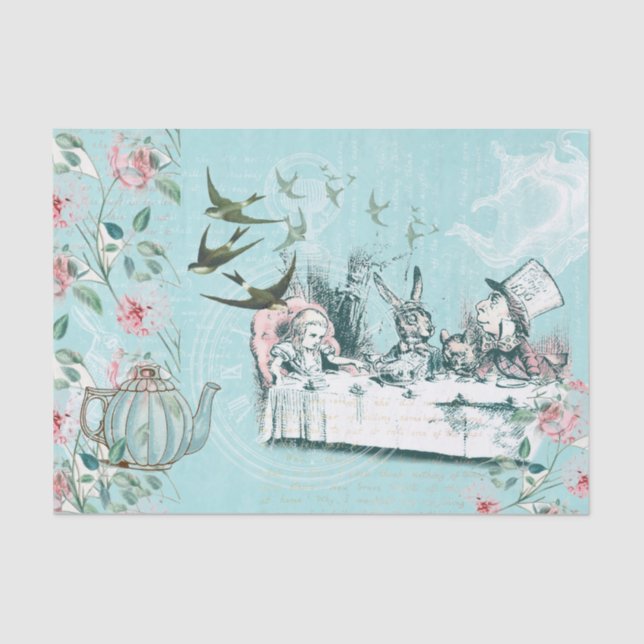 De Seda Wonderland Mad Tea Party Aqua Pink Papel Tecido Ro (Frente )