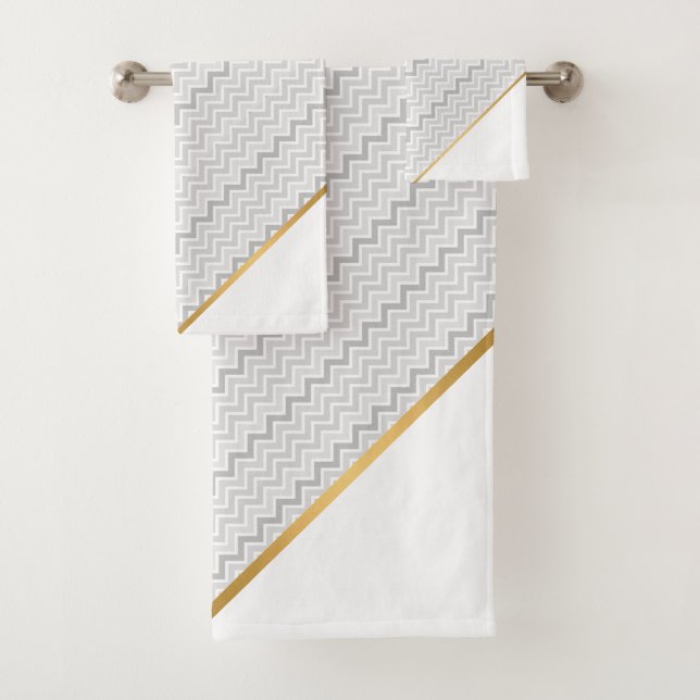 DE TOALHAS LUXE CINZA BRANCA CHEVRON DOURADO BANHO CONJUNTO (Insitu)