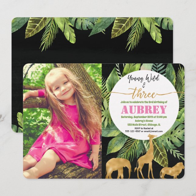 De três meninas do aniversário do convite ouro (Frente/Verso)