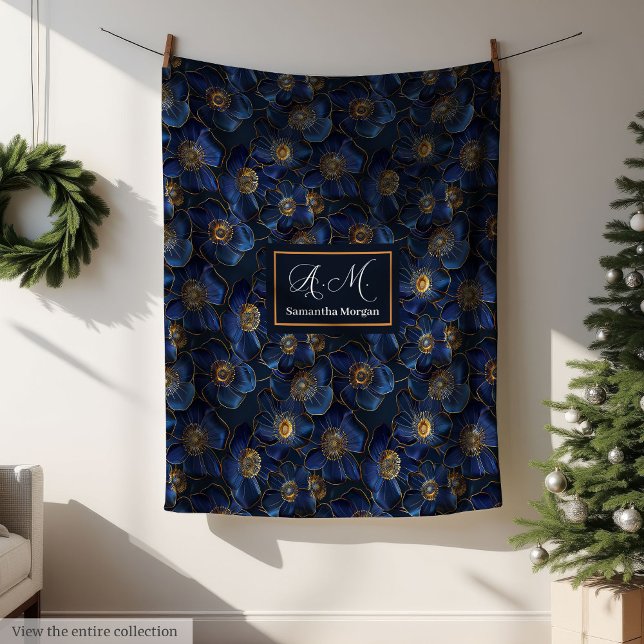 De Velo Cobertor Azul Royal com Flores Douradas Modernas M (Monogram Royal Blue Throw Modern Gold Flowers)