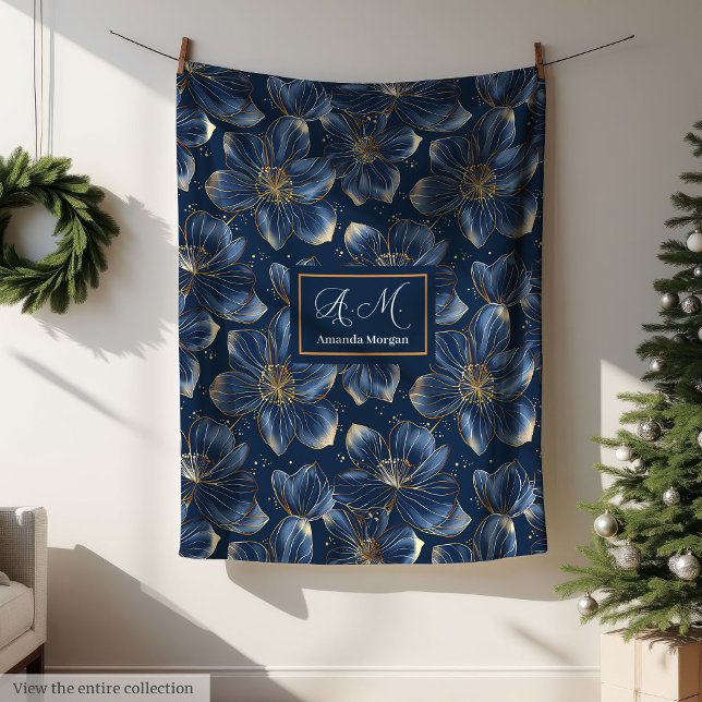 De Velo Cobertor Floral Dourado Marinho Chic Presente Pers (Navy Gold Floral Blanket Chic Personalized Gift)