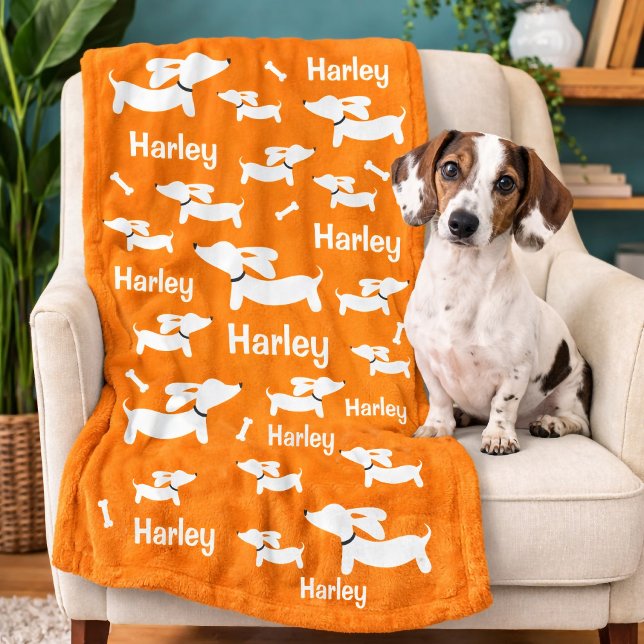 De Velo Cobertor Laranja Personalizado para Dachshund  (Dachshund Custom Orange Blanket for Wiener Dogs)