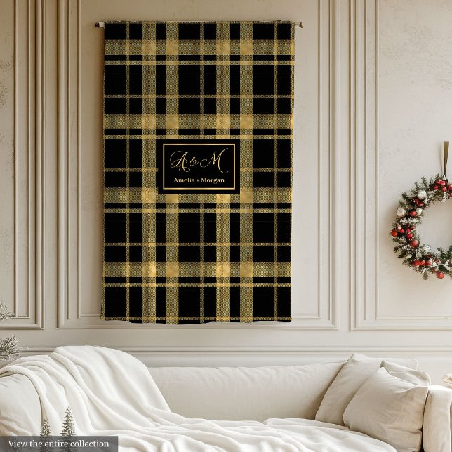 De Velo Cobertor Monograma Preto Dourado Geométrico Chic (Chic Geometric Black Gold Monogram Blanket)
