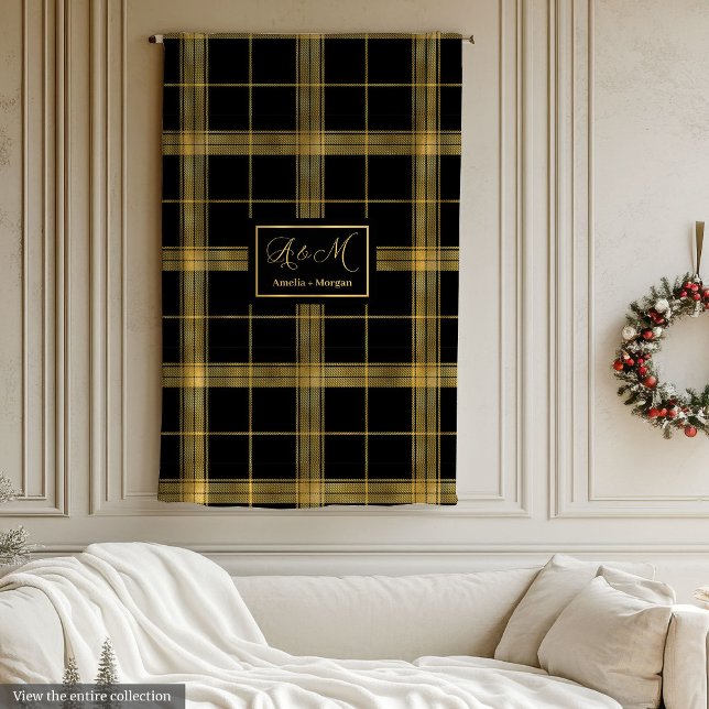 De Velo Cobertor Personalizado Preto Dourado Xadrez Modern (Modern Black Gold Plaid Custom Name Blanket)