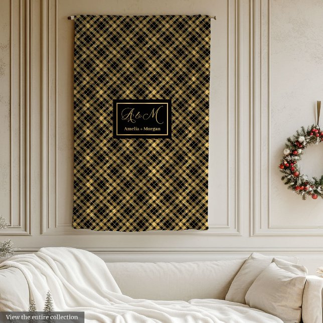 De Velo Cobertor Xadrez Personalizado Preto Dourado Acento (Tartan Blanket Custom Black Gold Winter Accent)
