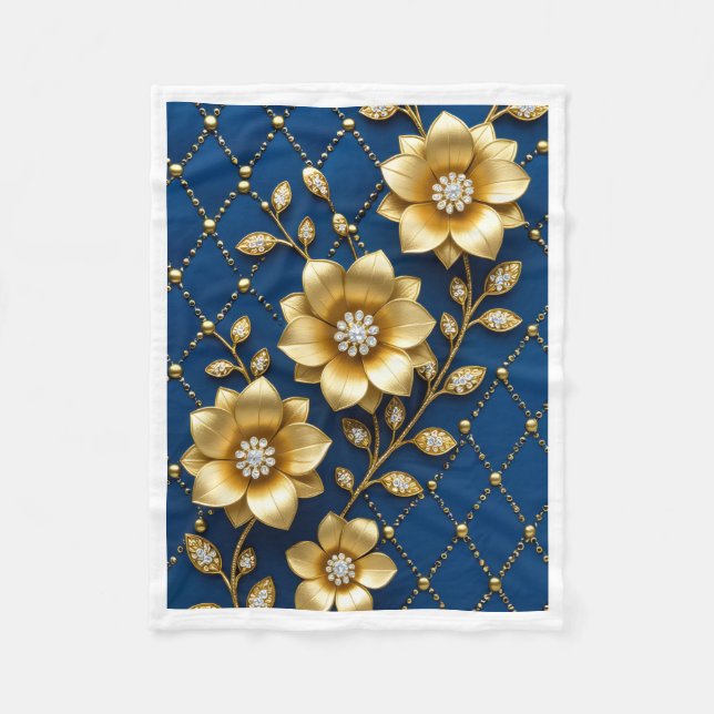 De Velo Flores Douradas Cobertor Azul e Dourado (Frente)