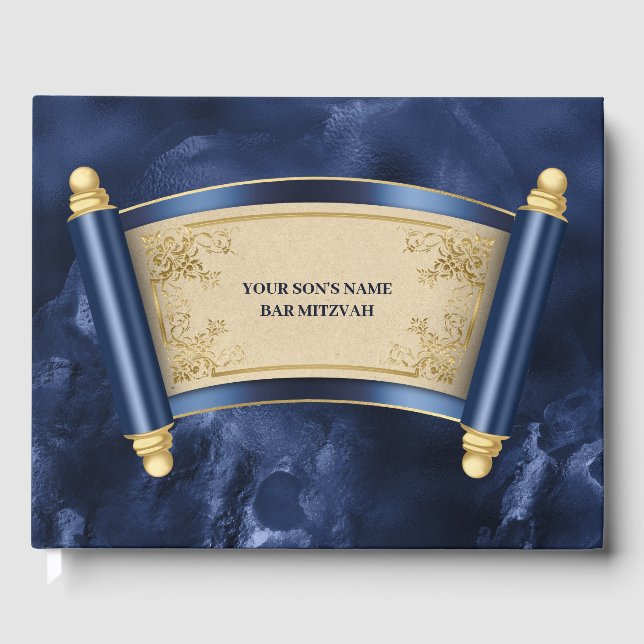 De Visitas Bar mitzvah marble gold scrol livro convidado (Frente)