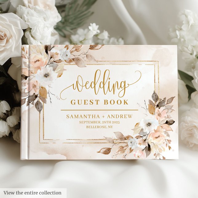 De Visitas Clássico Ivory Dourado Frame Floral Weding Livro C (Classic Ivory Gold Frame Floral Wedding Guest Book)