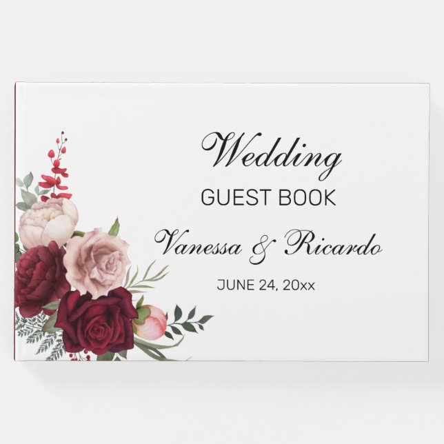 De Visitas Elegante Burgundy Blush Floral Weding Livro Convid (Frente)