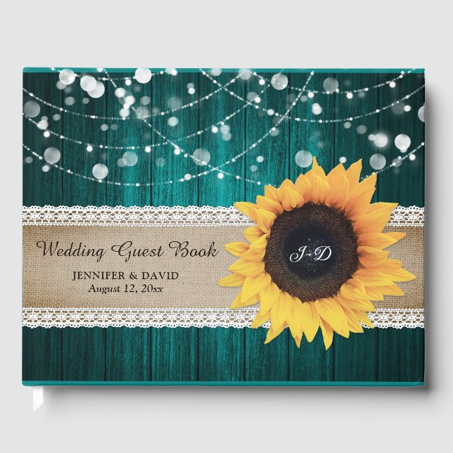 De Visitas Livro Convidado Rustic Wood Teal Sunflower (Frente)