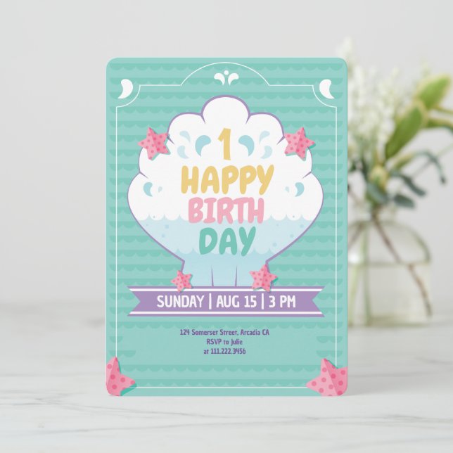Debaixo do Mar Convite de Concha para 1º Aniversár (Em pé/Frente)