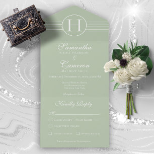 Deco Moderno Monograma Sage Luz Tudo em Um Convite
