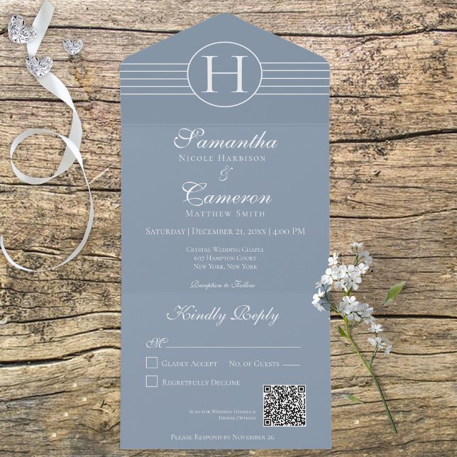 Deco Monograma Código QR Azul Moderno Dusty (Criador carregado)