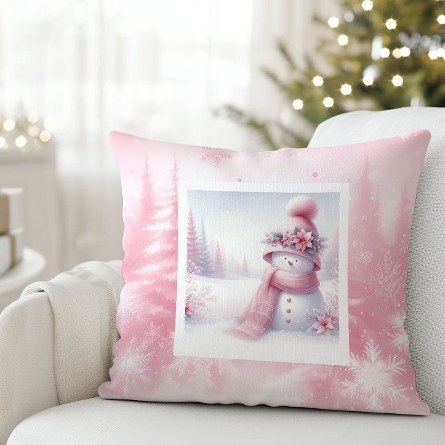 Decoração de Almofada de Cena de Inverno Homem de  (Pink Snowman Winter Scene Pinkmas Pillow Decor)