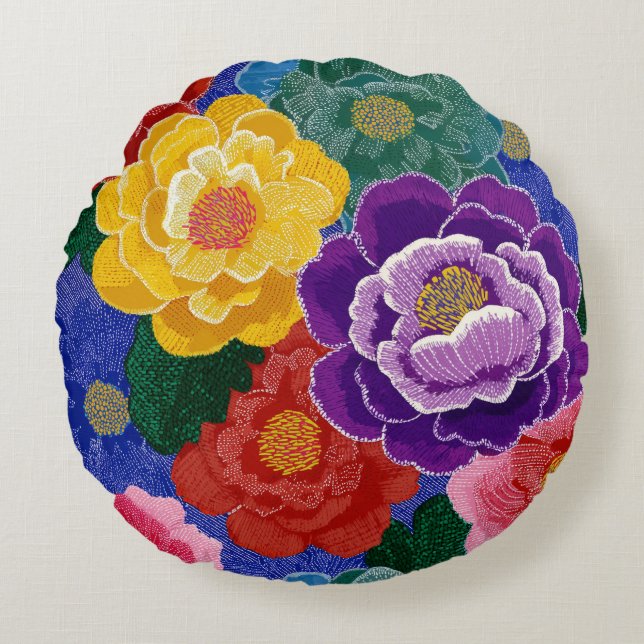 Decoração de Almofada Redonda Floral Vibrante (Frente)
