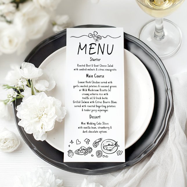 Decoração Divertida e Funky Menu de Casamento Escr (Whimsical Hand-drawn Wedding Menu Card)