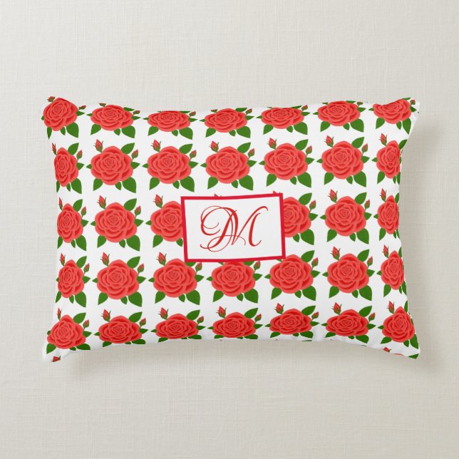 Decorativa Almofada com Acento de Monograma de Rosas Vermelha (Frente)