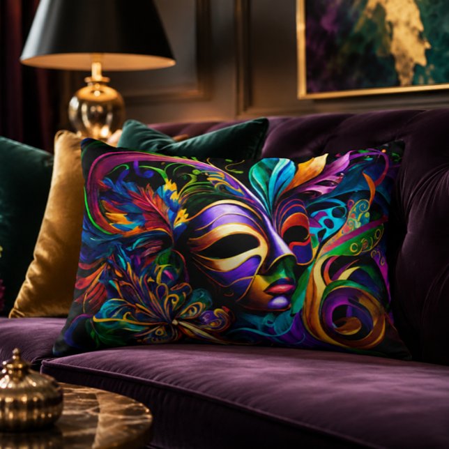 Decorativa Almofada de Acabamento Mardi Gras 16x12 (Mardi Gras Poster | Masquerade Mask | New Orleans Art Print | Vibrant NOLA Carnival Abstract Art)