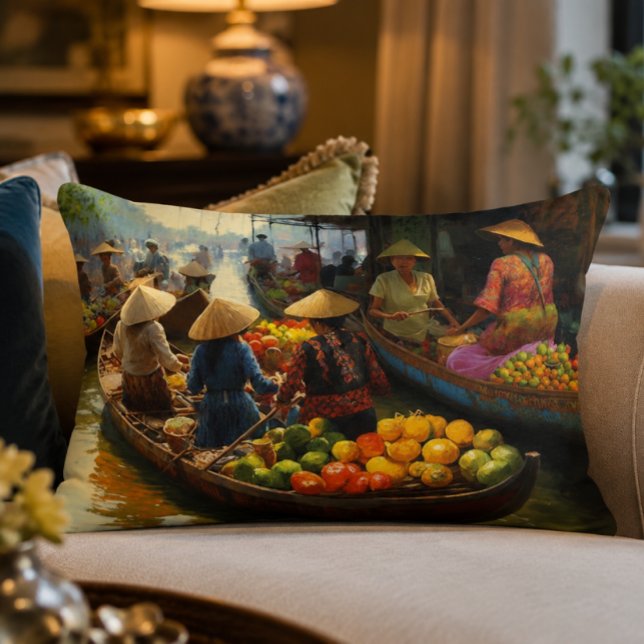 Decorativa Almofada de Acabamento Mercado Flutuante do Vietnã (Vietnamese Floating Market Oil Painting | Affordable Wall Art | Tropical Boat Southeast Asia Art | D)