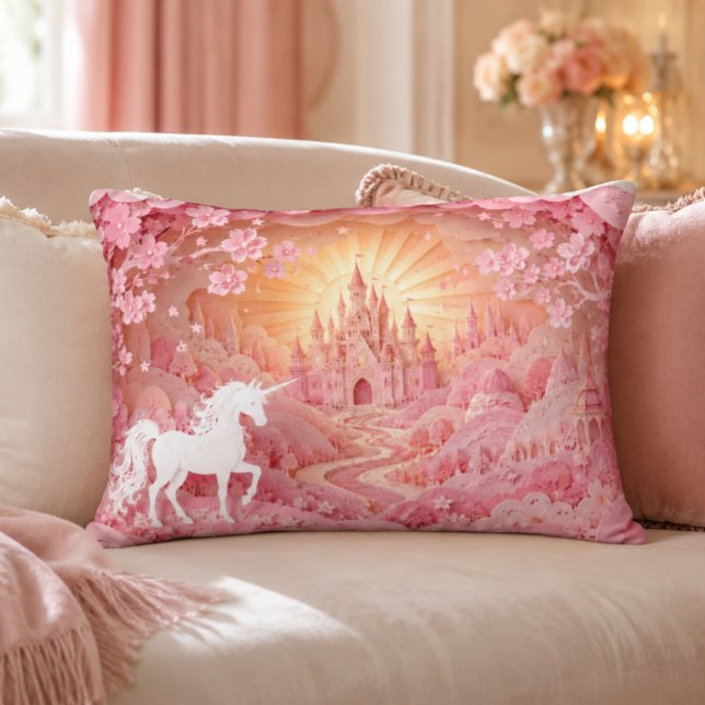 Decorativa Almofada de Acabamento Unicórnio Castelo (Pink Unicorn Castle Wall Art | Princess Nursery Print Piloow)