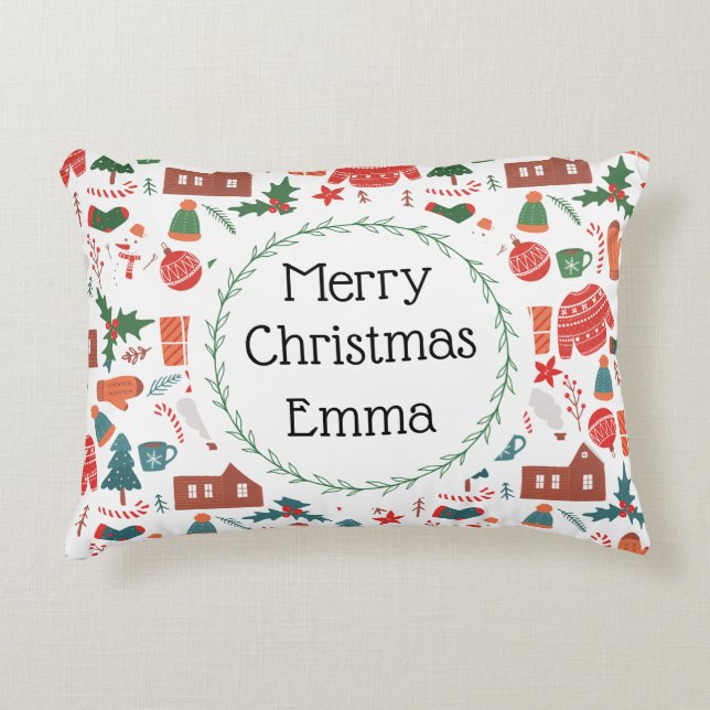 Decorativa Almofada de Natal Feliz Personalizada com Nome (Frente)