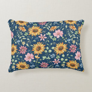 Decorativa Girassóis Amarelos Floral Rosa Azul Almofada