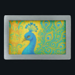 Decorativo das aves turquesas de pássaro Elegante<br><div class="desc">Esta elegante fivela de pavão apresenta o pássaro em cores de turquesa e azul em um fundo amarelo com padrão. Imagem gerada com IA.</div>