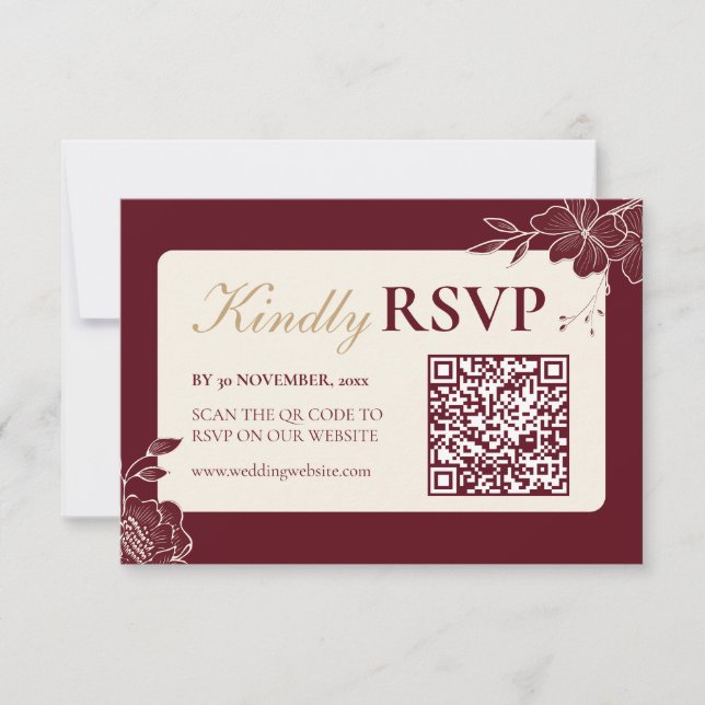 Deep Burgundy Floral Wedding RSVP with QR Code (Frente)