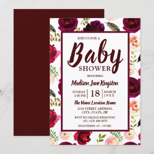 Deep Burgundy Flowers Boho Chá de fraldas Convite