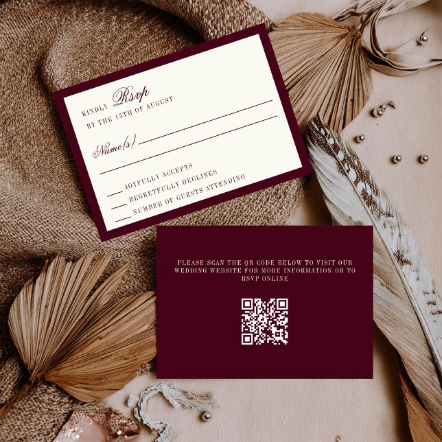 Deep Burgundy Ivory QR Code Wedding RSVP Card (Criador carregado)