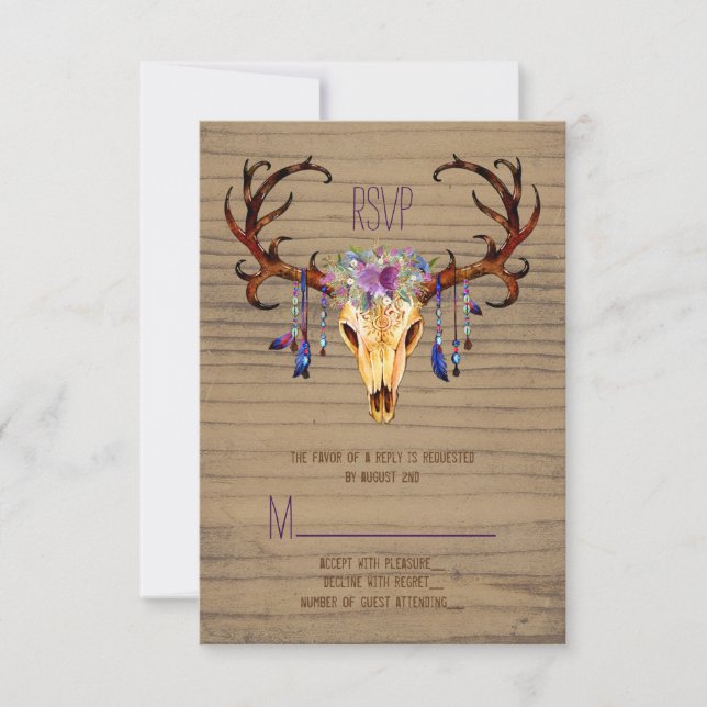 Deer Antler Skull Rustic Country Weding RSVP (Frente)
