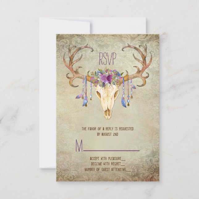 Deer Antler Skull Southwestern Wedding RSVP (Frente)