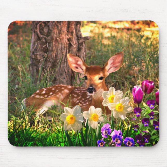 Deer Fawn na Floresta com Tulips Mousepad (Frente)