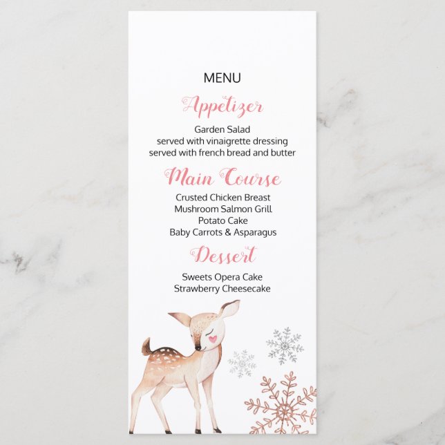 Deer Winter Snowflakes ONEderland Birthday Menu (Frente)