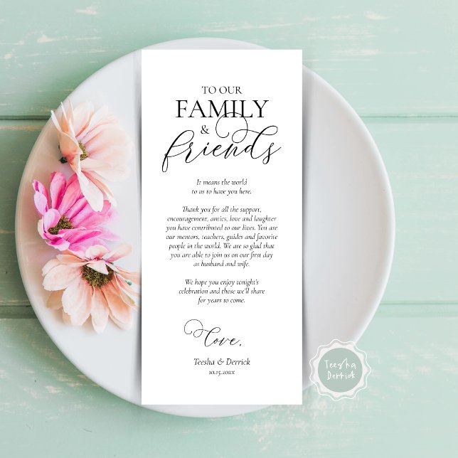 Definição de Local de janto Obrigado Cartão de Cal (Wedding Dinner Place Setting Thank You Card, Modern Romantic Script, Plate Decor, Black and White)