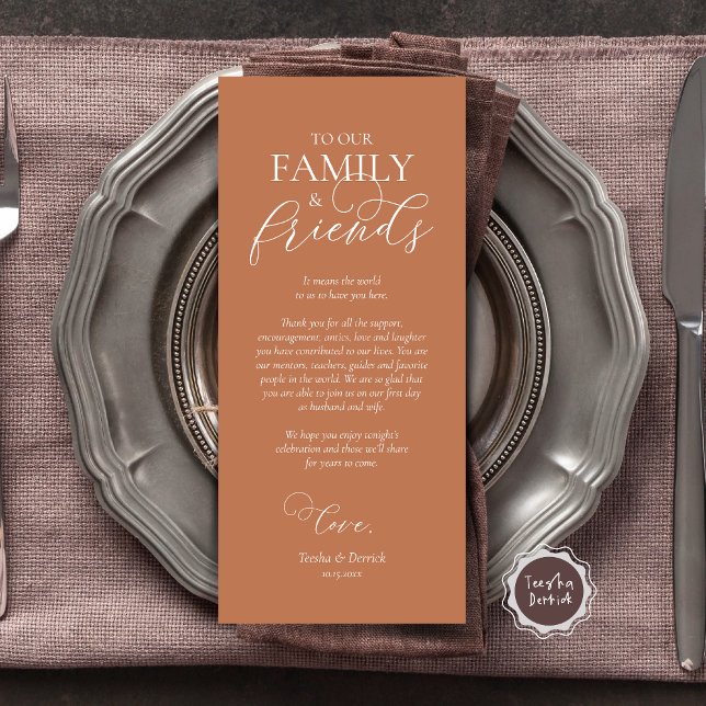 Definição de Local de janto Obrigado Cartão de Cal (Wedding Dinner Place Setting Thank You Card, Modern Romantic Script, Plate Decor, Copper Rust Brown)