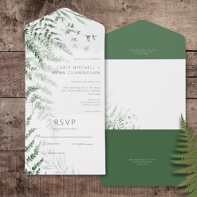 Delicado Elegante Greenery Ferns Não Janta (Elegant Delicate Greenery Ferns All In One Wedding Invitation without Dinner Options)