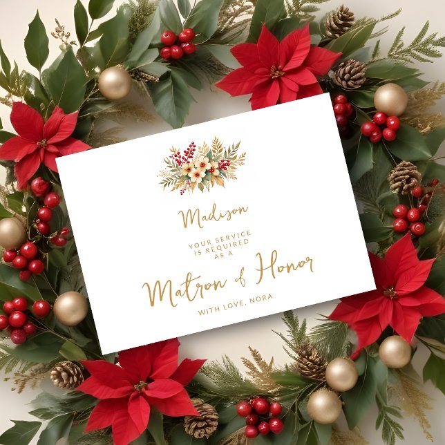 Delicado Glamour Natalino Floral Matrona Honra Dou (Delicate Glam Christmas Floral Bouquet in Faux Gold Matron of Honor Wedding Proposals Cards.)
