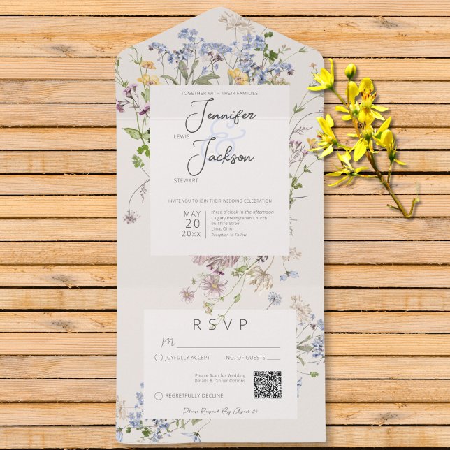 Delicar Boho Wildflower Cream Código QR (Delicate Boho Wildflowers Cream QR Code All In One Invitation)