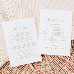 Delicar Carta de Boas-vindas do Casamento Dourado<br><div class="desc">Estas delicadas cartas de boas-vindas e cartas itinerárias são perfeitas para um casamento moderno. A design romântica minimalista apresenta uma magnífica e elegante tipografia amarela ouro champanhe num fundo branco com um aspecto simples e limpo. A frente da carta apresenta uma carta de boas-vindas e a parte de trás da...</div>