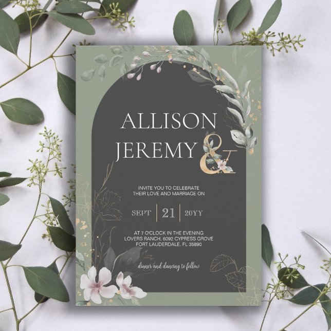 Delicar Convite de casamento Botânico Verde Sage (Delicate Botanical Greenery Sage Green Charcoal Arch Wedding Invitation)