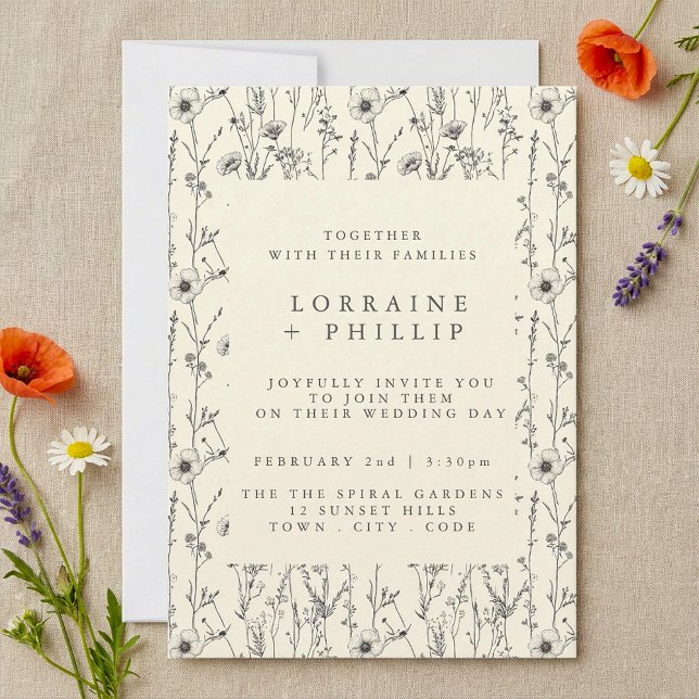 Delicar convite para casamento de flores silvestre (Delicate wildflowers pattern wedding invitation.)
