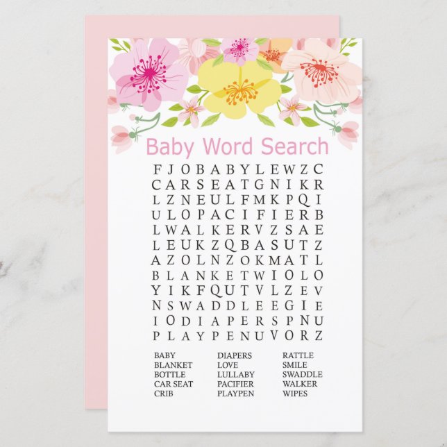 Delicar flores Chá de fraldas Jogo de Pesquisa do  (Frente/Verso)