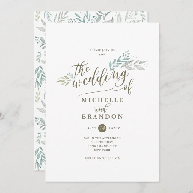 Delicar Script Greenery | Convite Para Casamento (Frente/Verso)