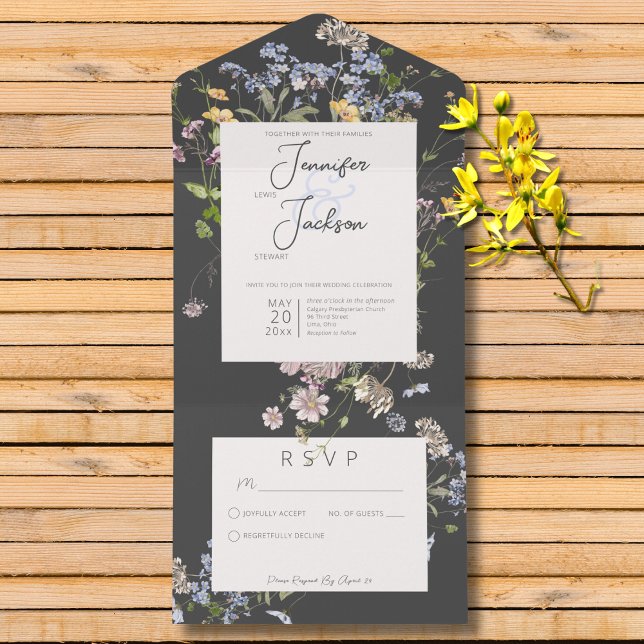 Delicate Boho Wildflower Charcar Sem Janto (Delicate Boho Wildflowers Charcoal Wedding All In One Invitation without Dinner Options)